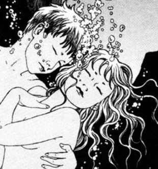 Brother and sister castaways in Suehiro Maruo's The Inferno in Bottles which may be about original sin. Published in the Japanese Manga Binzume No Jigoku. Japanese teenagers swimming.