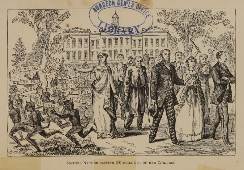 Nineteenth century Illustration of conditions considered to be mental illnesses. Epilepsy is stigmatized and clustered with character flaws such as perversity, avarice, and selfishness. These conditions are presented as demonic possession.