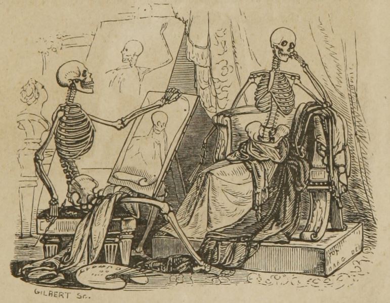 Skeleton painting a portrait in A system of human anatomy by Erasmus Wilson