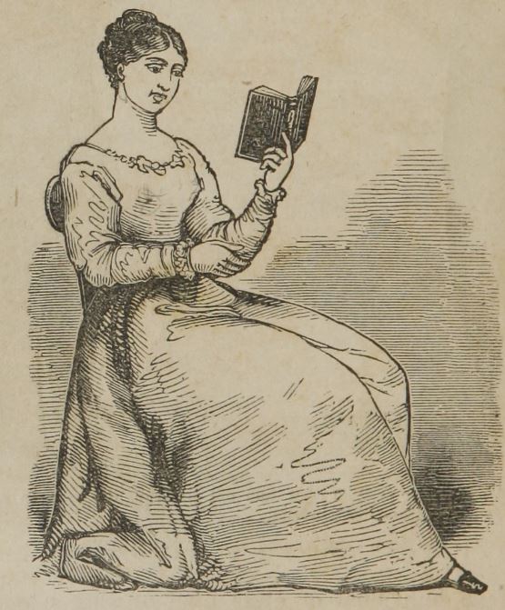 Woman reading from "A treatise on anatomy, physiology, and hygiene" 1858