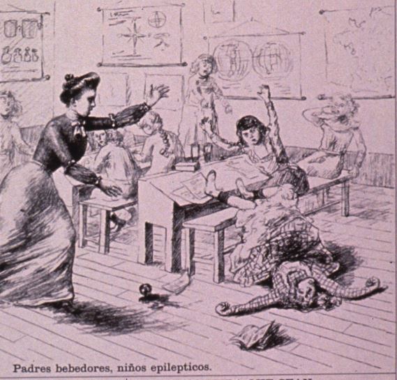 schoolgirl having an epileptic seizure in class presumably caused by family history of alcoholism