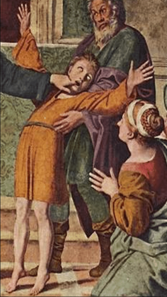 Saint Valentine and epileptic boy painted by Bartholomäus Zeitblom