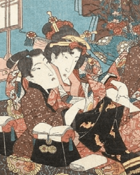 cut away of painting of adolescents having sex by Japanese artist Keisai Eisen