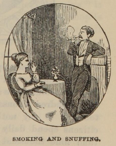 man smoking and a woman pinching snuff