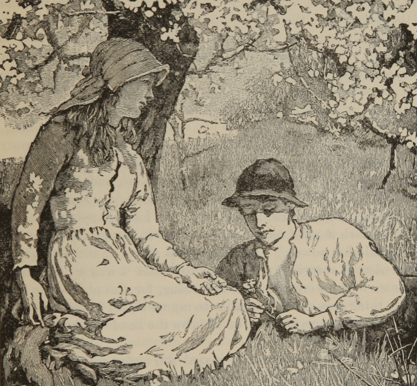 romantic teenage lovers in an orchard