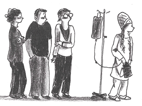 A woman with epilepsy wearing an EEG device and being stared at by people.